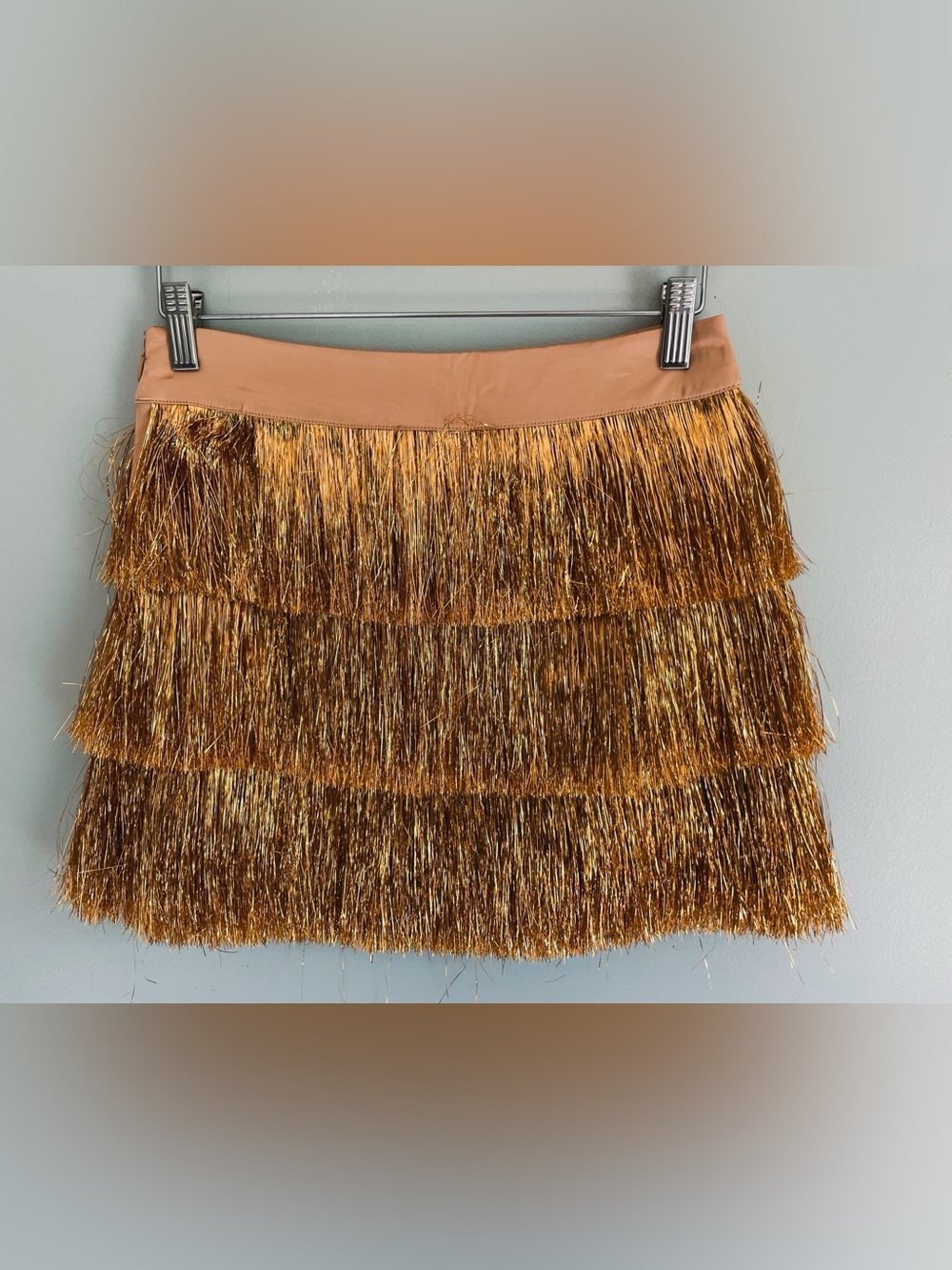 Blue B Collection Gold Tinsel Fringe Mini Skirt Party Holiday Festival NWT SML